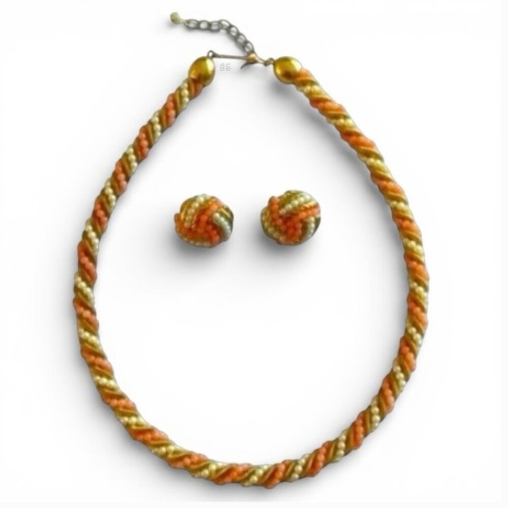 Vtg 80s Twisted Bead Rope Necklace & Earrings Set Gold-Tone, Faux Coral & Pearls - Picture 15 of 16